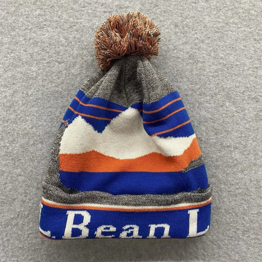 L.L.Bean Mountain Katahdin Scene Pom Beanie Hat Blue Orange Gray Winter Ski